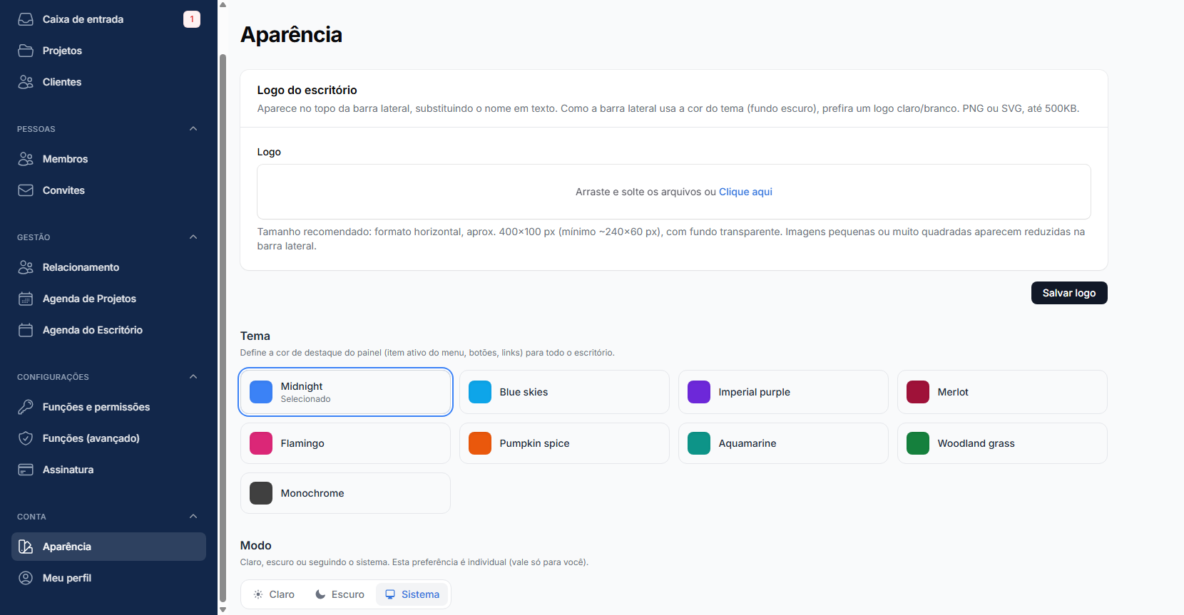 Tela de Aparência do arqeno com upload de logo do escritório e 9 temas de cores